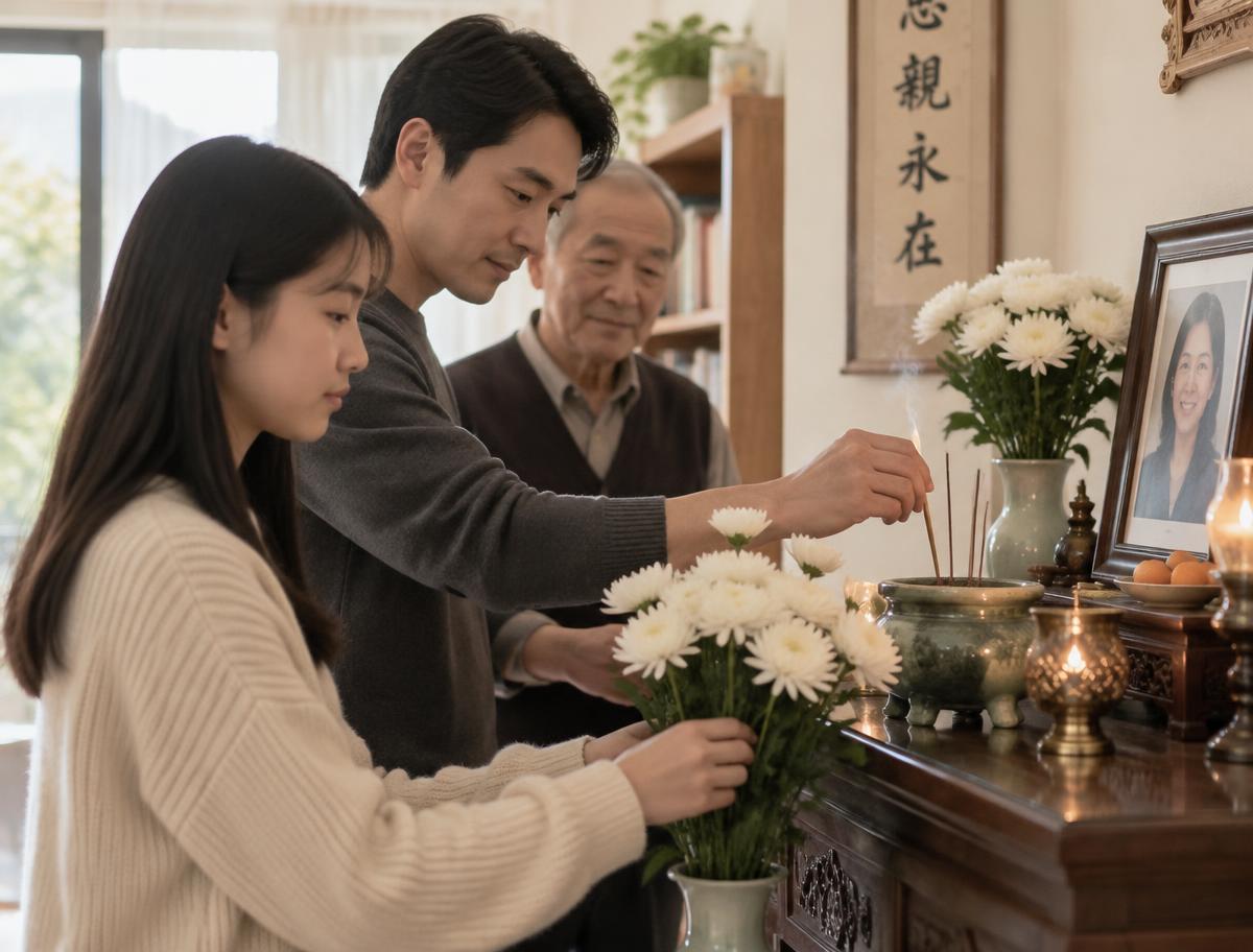 A family placing flowers at a home remembrance altar