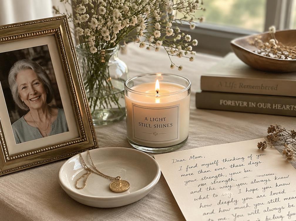 A remembrance keepsake arrangement with a framed photo, candle, necklace and handwritten letter