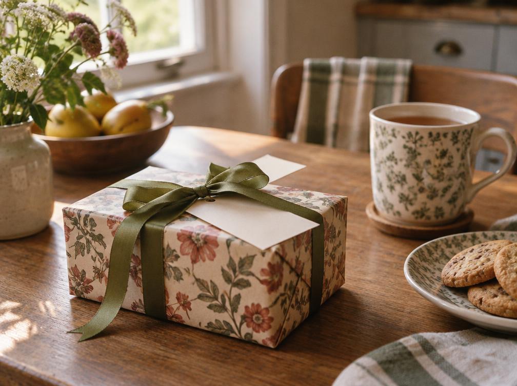 A small gift wrapped in floral paper with a green ribbon and blank gift card on a warm kitchen table