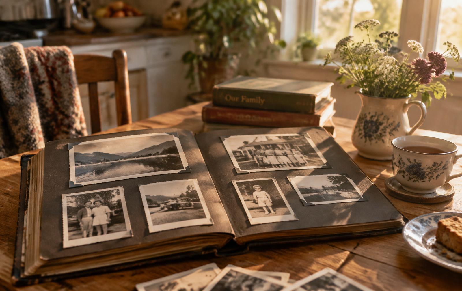An open family photo album with old photographs on a wooden kitchen table in golden afternoon light