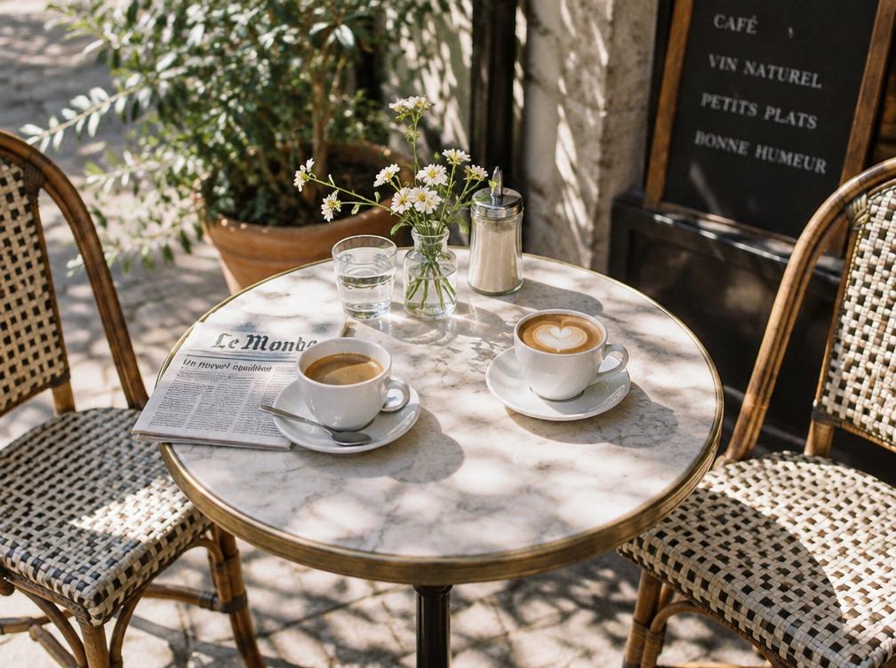 Two cups of coffee on a sunlit café table, one with a heart in the foam