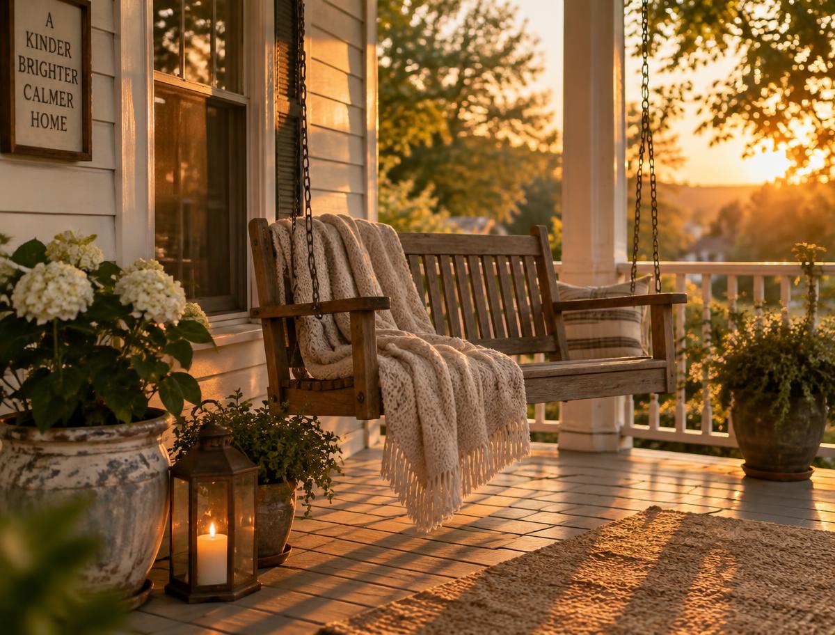 A wooden porch swing with a soft knitted blanket in golden evening light